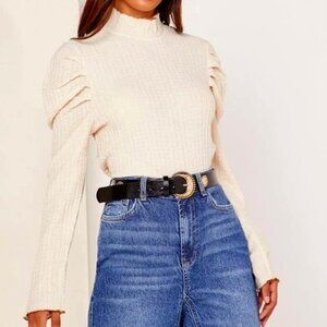 Free People Ela High Neck Puff Sleeve Textured Blouse, Size Medium